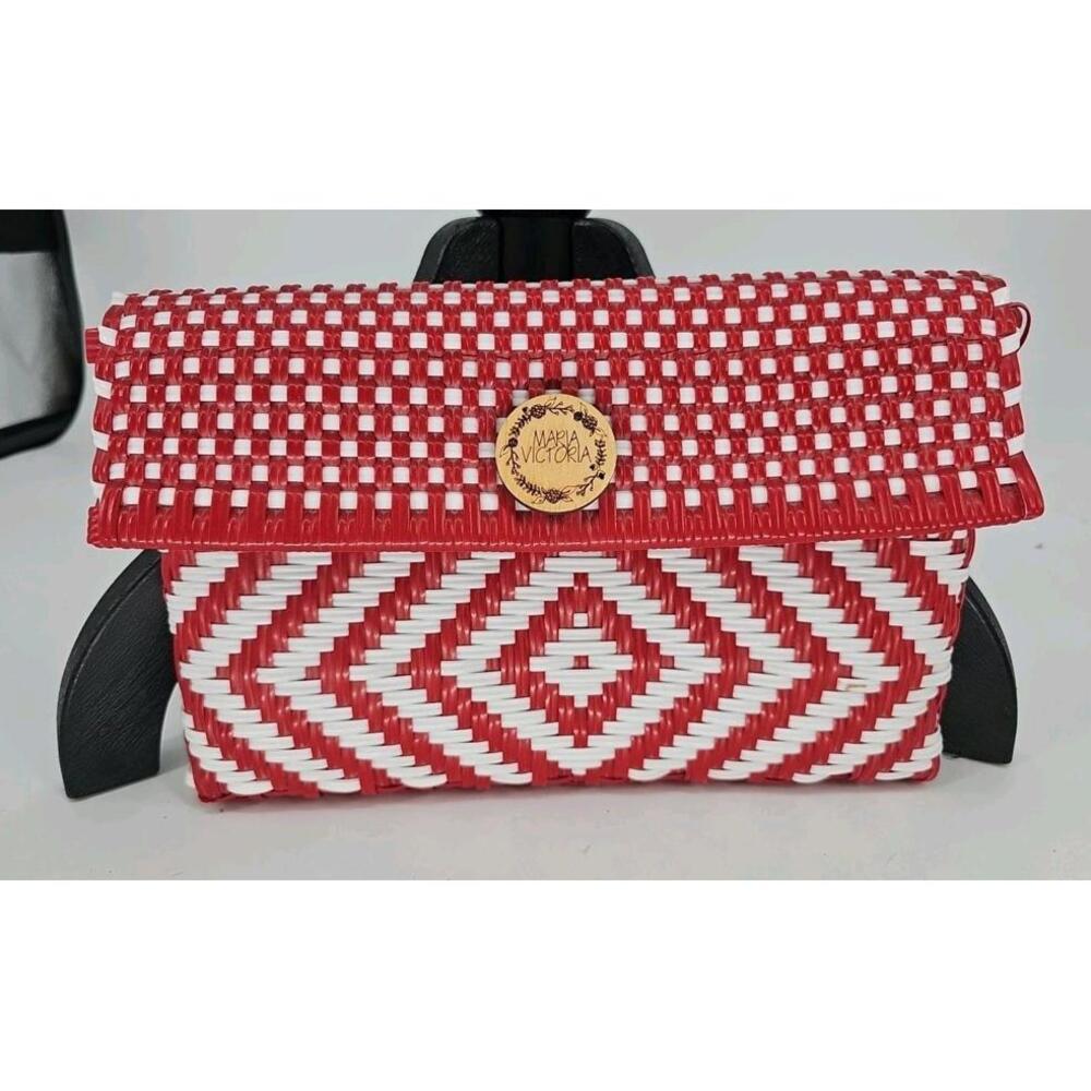 Maria Victoria Red White Clutch Handbag PVC Handcrafted‎ in Mexico Red White